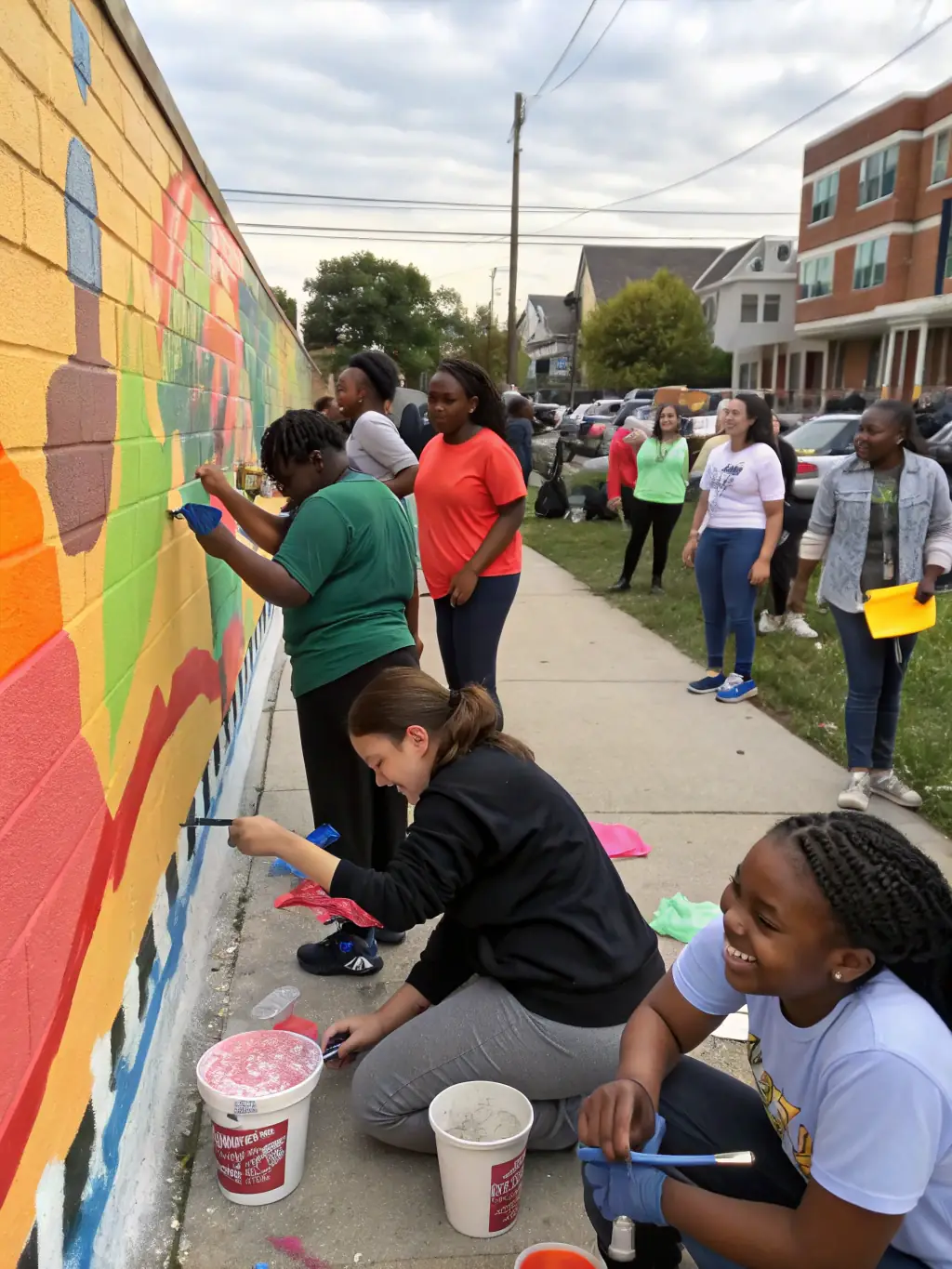 A photograph capturing a diverse group of participants actively engaged in a community art workshop, showcasing creativity and collaboration.