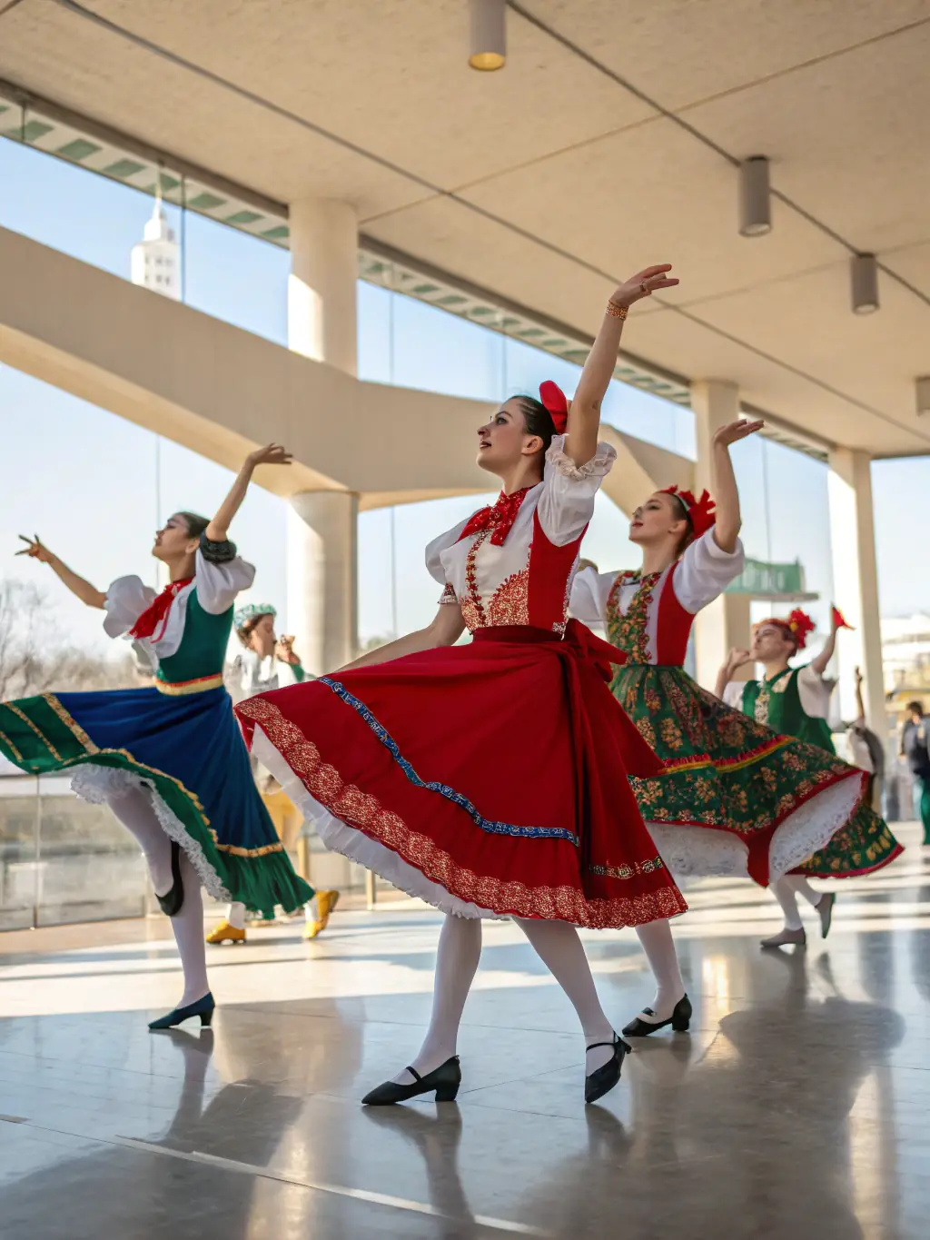 A diverse group of people participating in a traditional dance workshop, with an instructor leading the steps, emphasizing the organization's commitment to preserving and promoting cultural heritage.