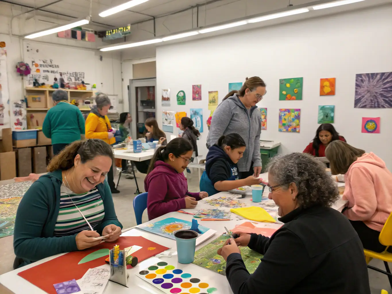 A dynamic image of a community art workshop in progress, with participants of all ages engaged in creative activities.