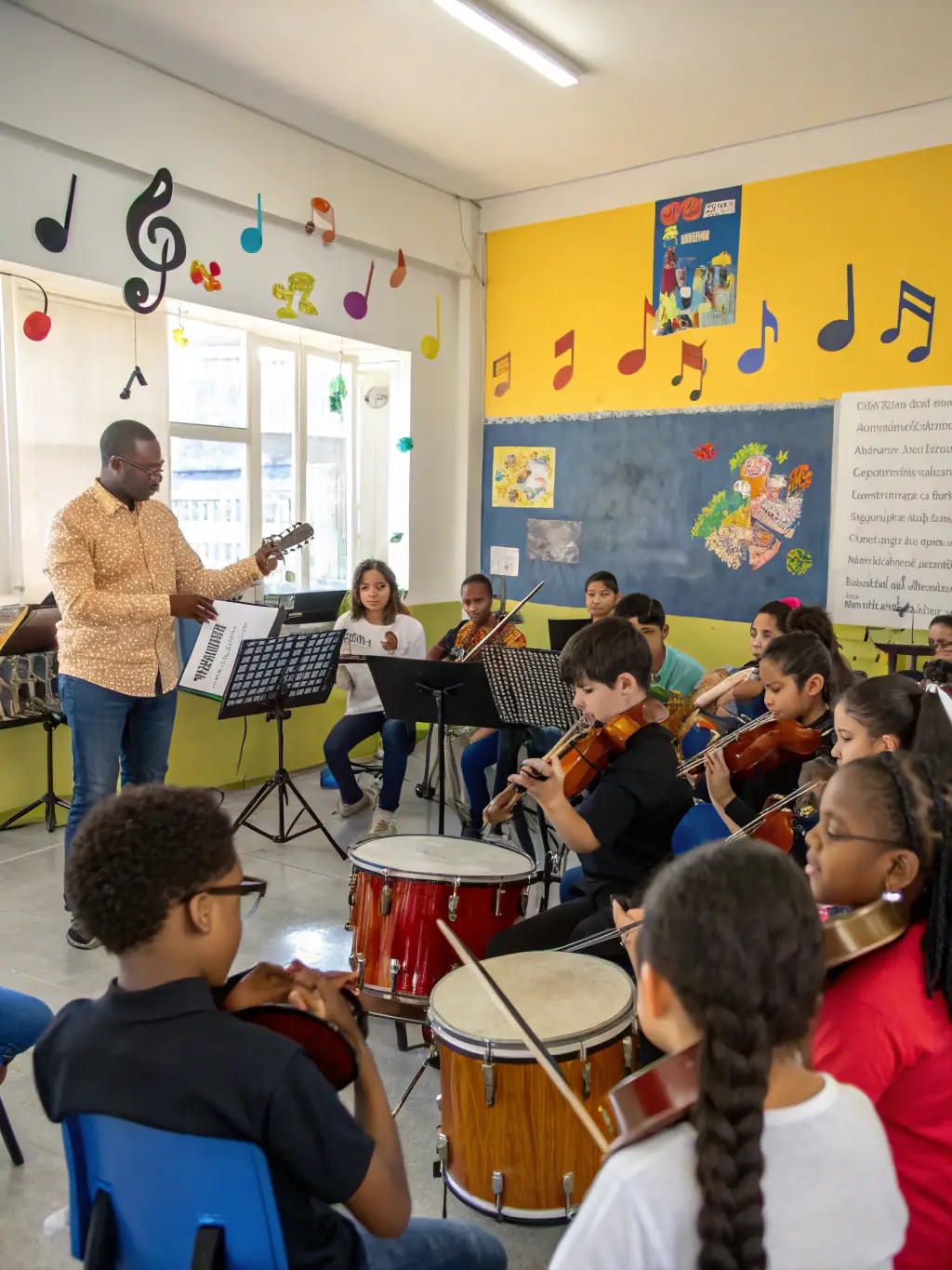 A photo of children participating in a music education program, learning to play instruments and developing their musical skills.