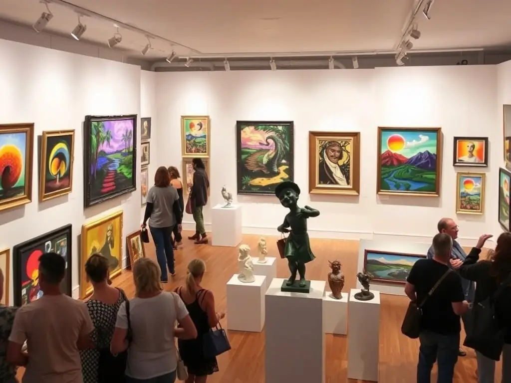 A photograph of a local artists' exhibition, highlighting the diverse works and the artists interacting with the community.