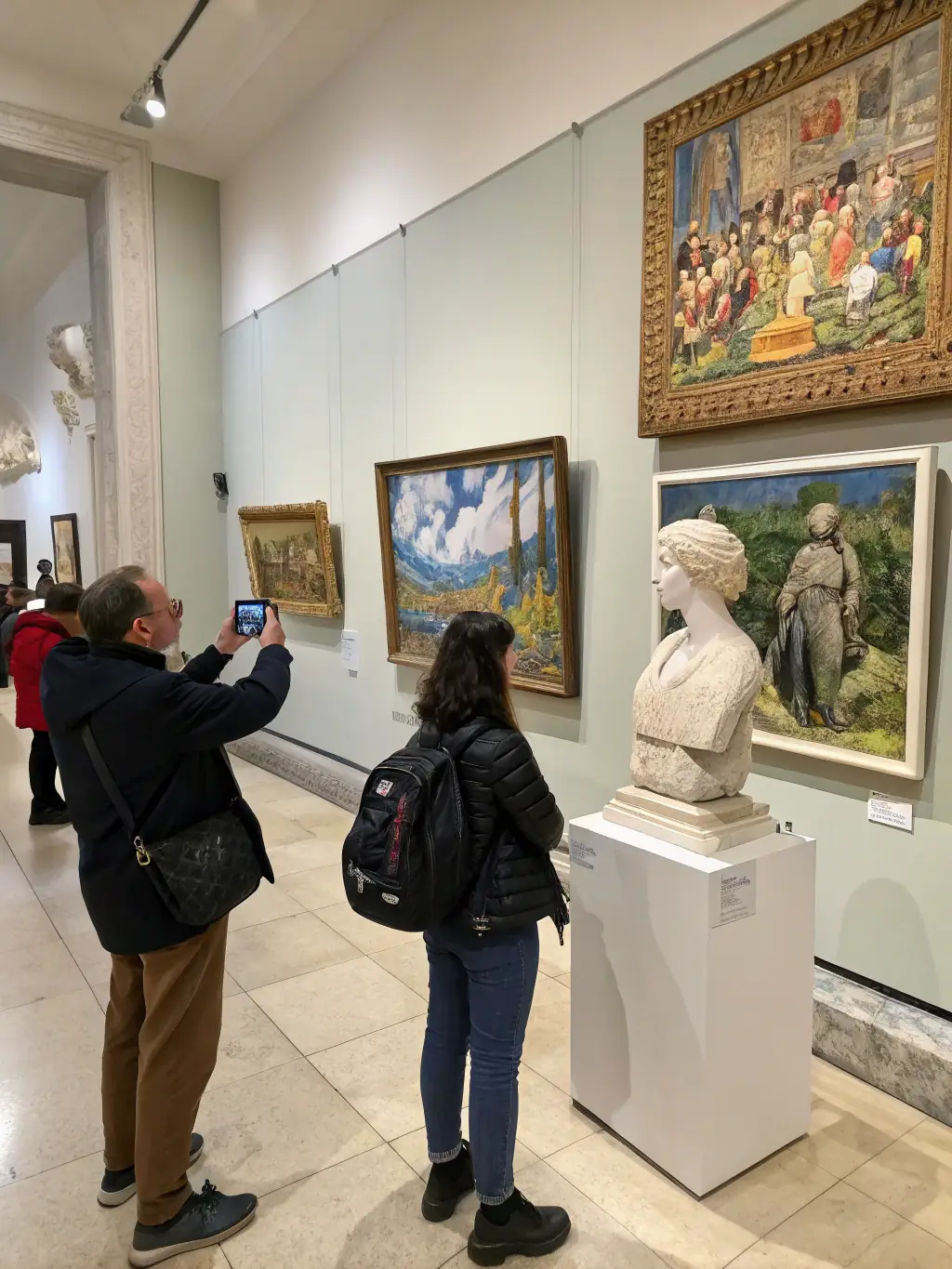 A captivating shot of a local artist's exhibition, featuring diverse artworks such as paintings, sculptures, and mixed media pieces, displayed in a gallery setting with attendees admiring the creations.
