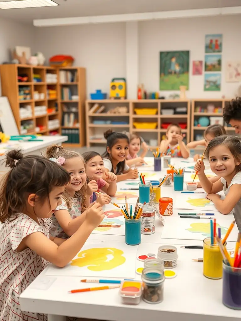 A group of children participating in an art workshop, with instructors guiding them in painting and drawing, highlighting the organization's commitment to fostering creativity among young people.