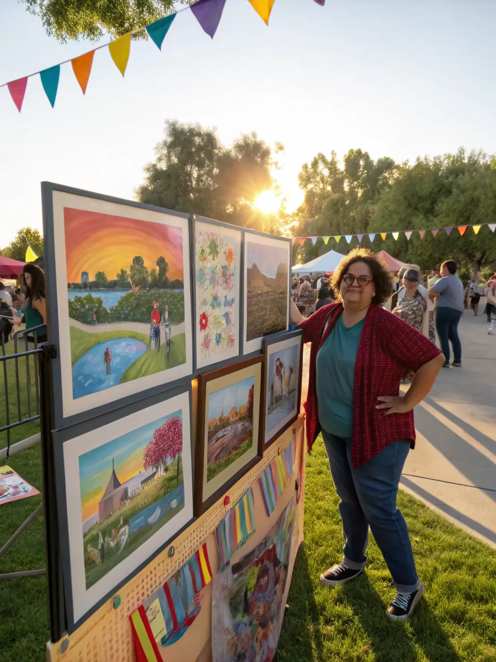 A photograph of a local artist displaying their artwork at an ILLIFEST-organized exhibition, with community members admiring the pieces, highlighting the support for emerging talent.