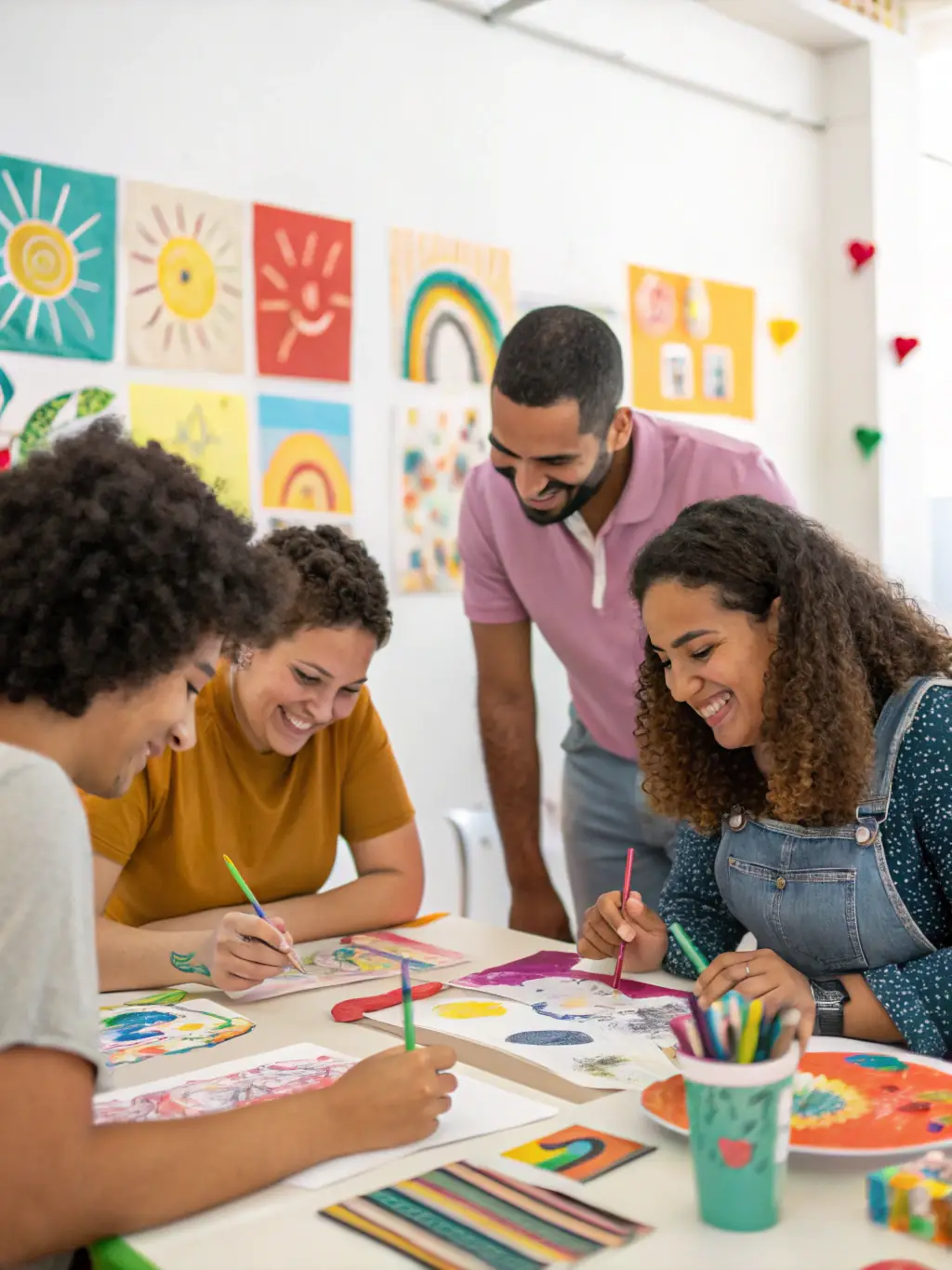A dynamic image of a community art workshop in progress, with participants of all ages engaged in painting, sculpting, and other creative activities, guided by local artists.